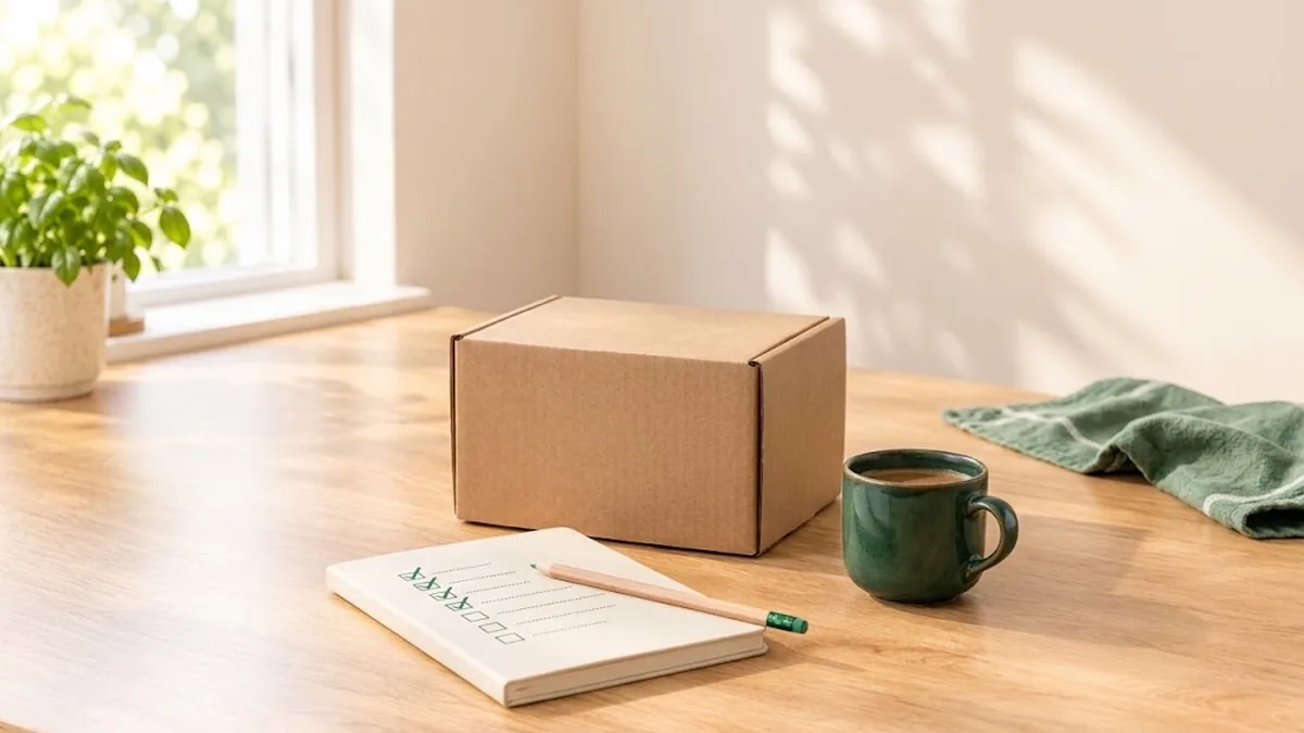 Paquete de cartón sobre una mesa junto a una libreta con una lista de comprobación y una taza