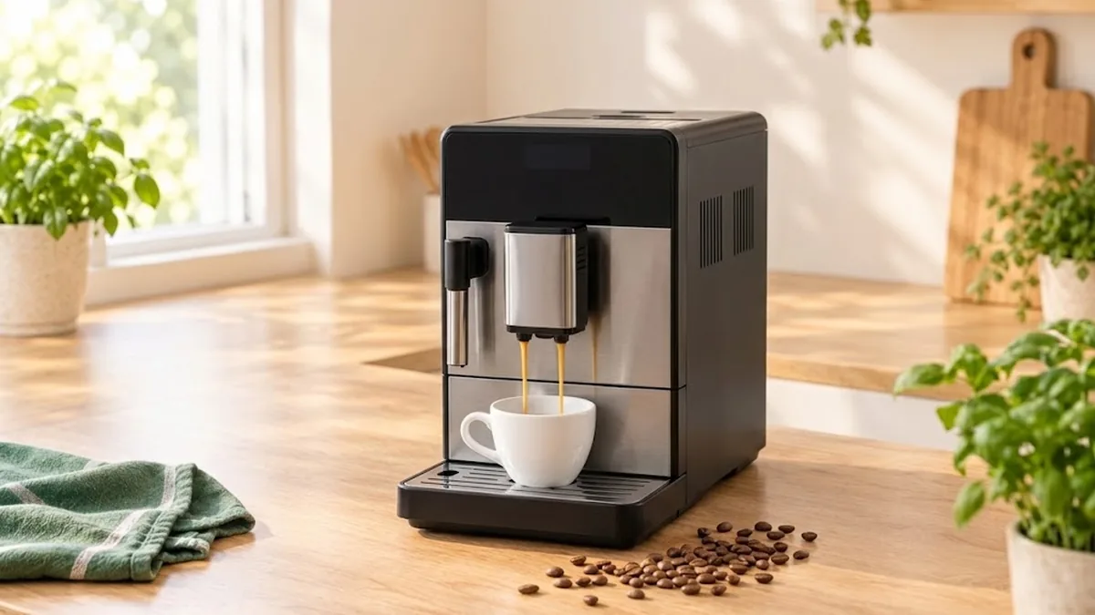 Cafetera superautomática sirviendo un espresso en una taza blanca, con granos de café