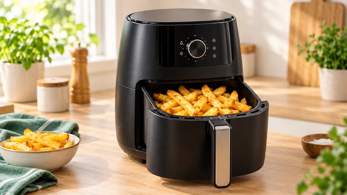 Freidora de aire de cesta con patatas fritas doradas en una encimera de madera