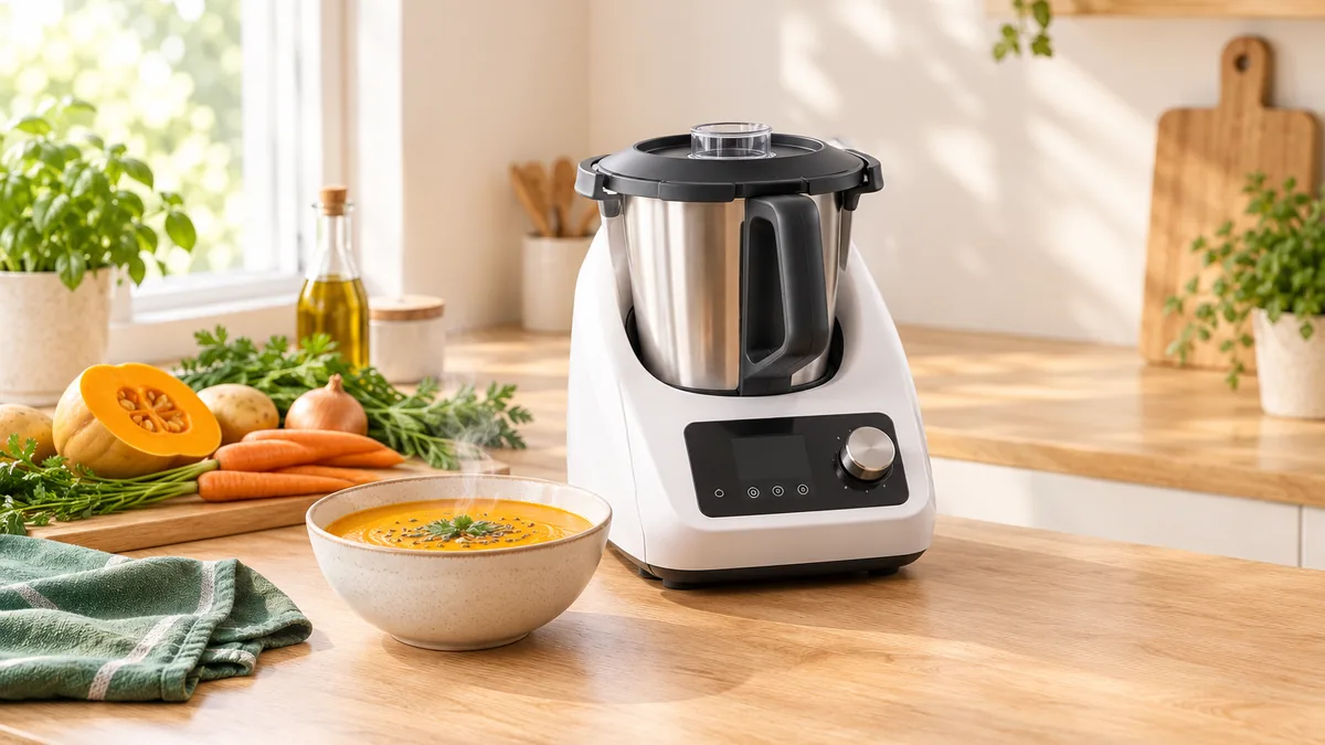 Robot de cocina con jarra de acero junto a un bol de crema de calabaza y verduras frescas
