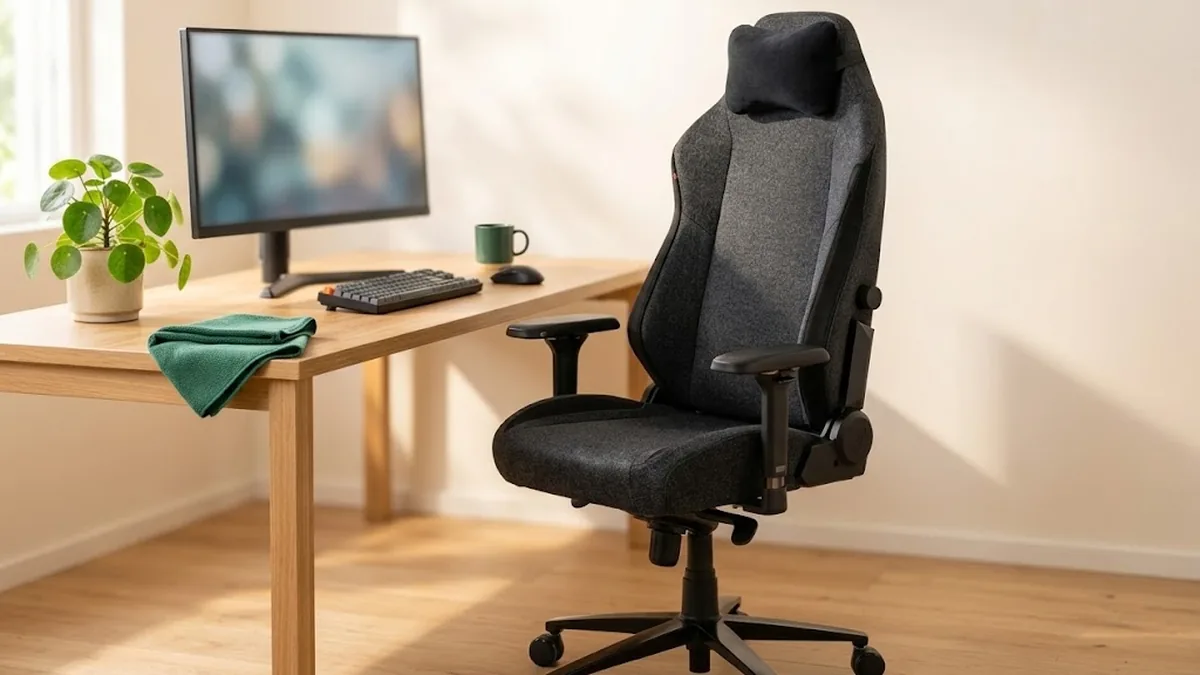 Silla gaming de tela gris oscuro junto a un escritorio de madera con monitor y teclado